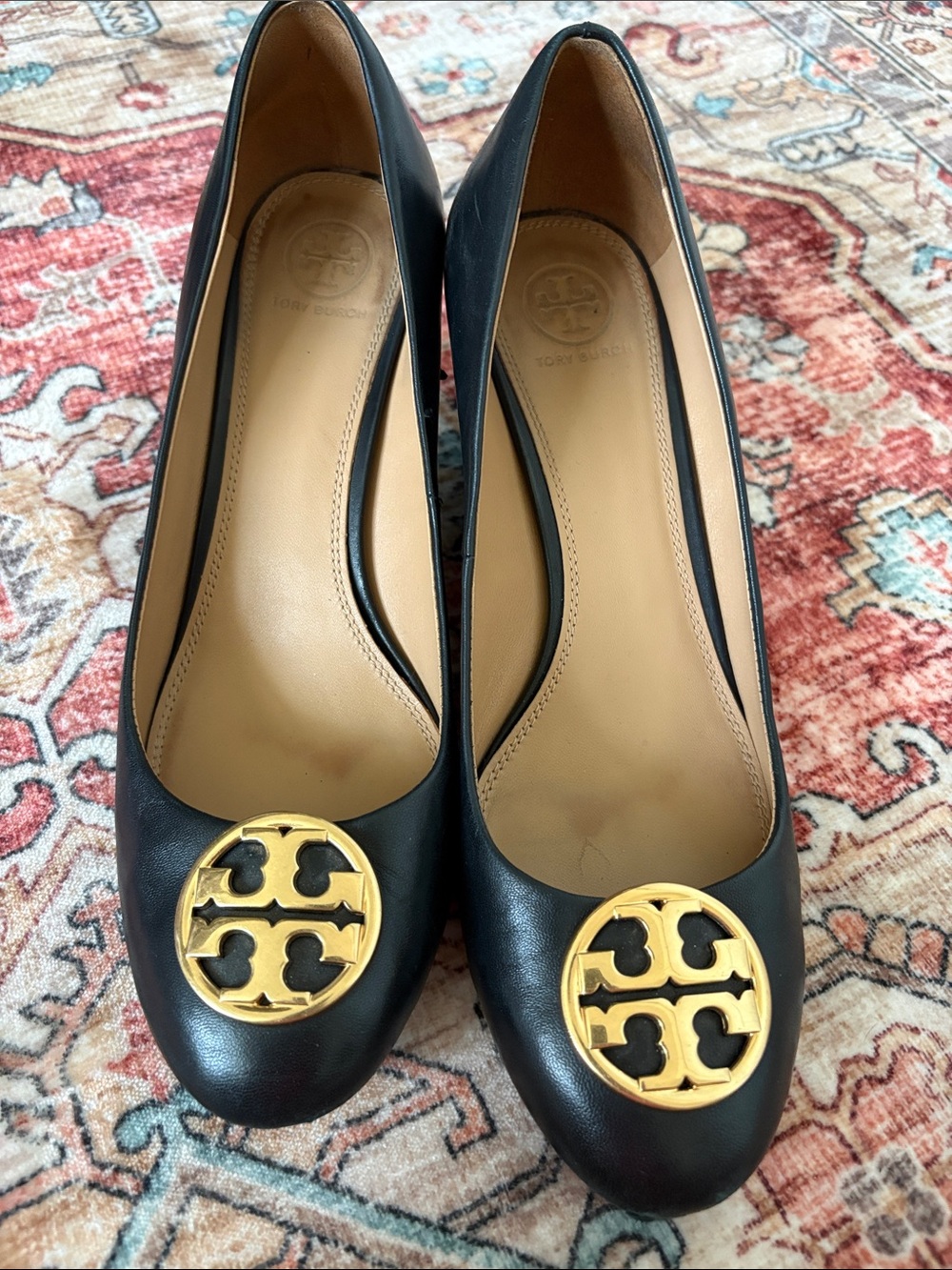 Tory Burch Black Leather Heels with Gold Logo Medallion